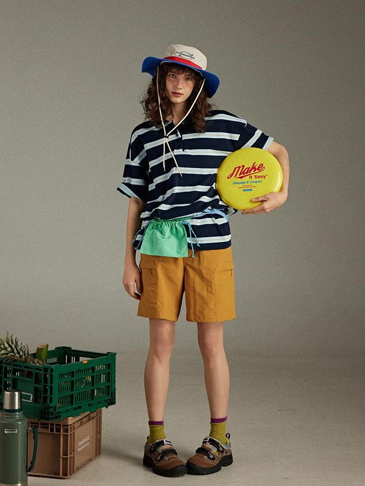 lulugray Colorblock Patchwork Striped Loose Polo Collar Women&