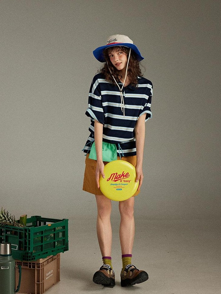 lulugray Colorblock Patchwork Striped Loose Polo Collar Women&