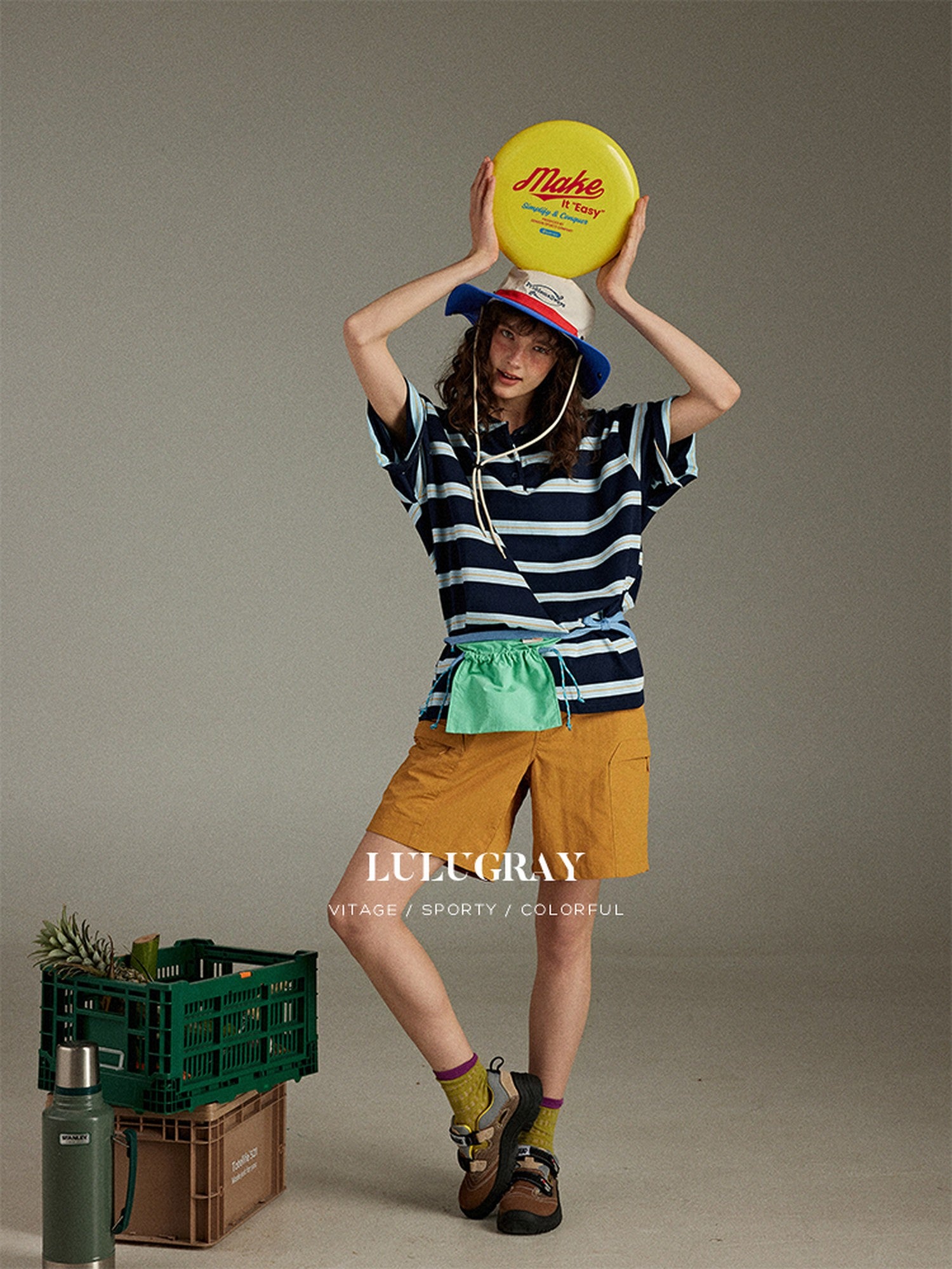 lulugray Colorblock Patchwork Striped Loose Polo Collar Women&