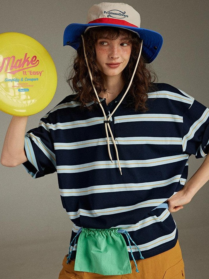 lulugray Colorblock Patchwork Striped Loose Polo Collar Women&