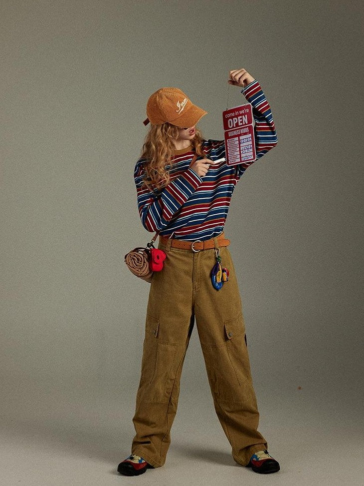 lulugray Retro Blue Red Contrast Striped Patchwork Women&