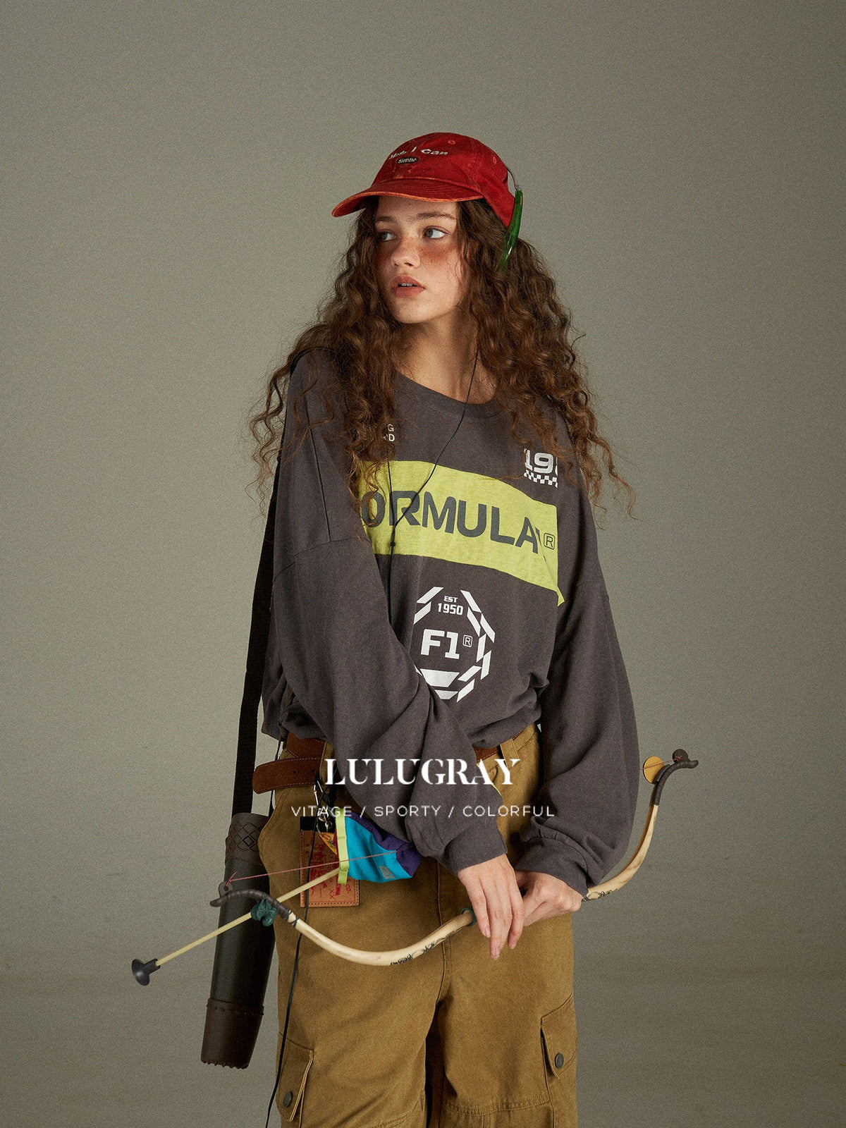 lulugray Retro Colorblock Letter Print Loose Fit Women&