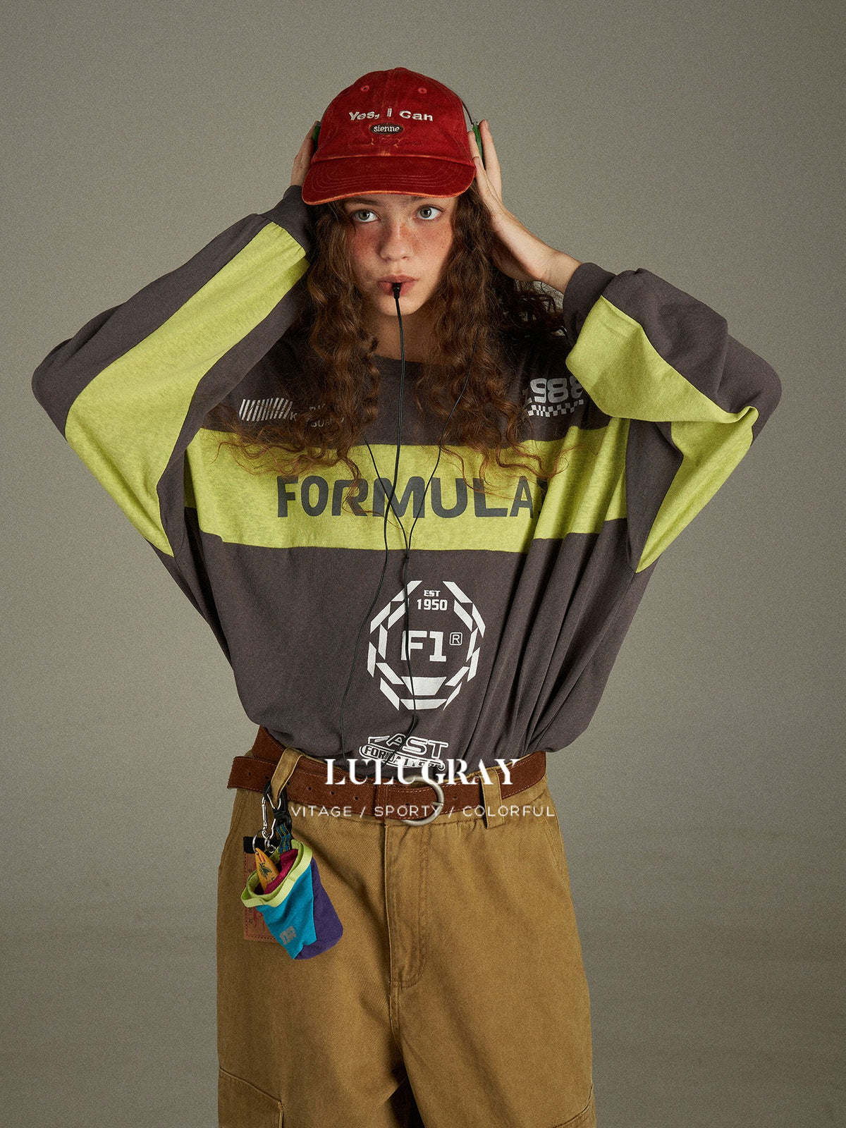 lulugray Retro Colorblock Letter Print Loose Fit Women&