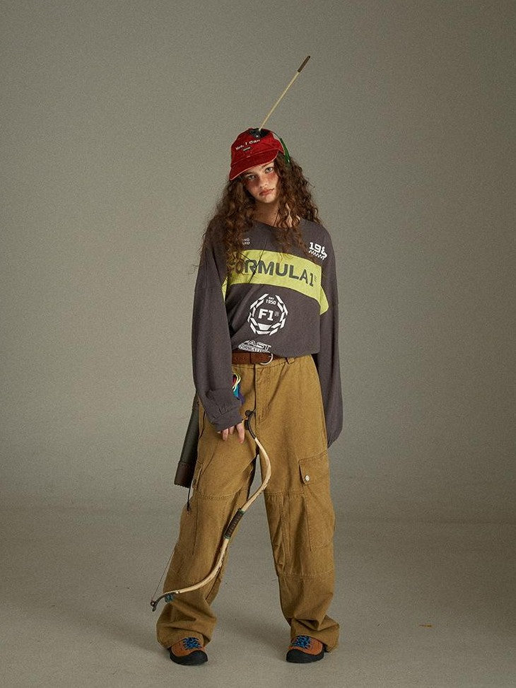 lulugray Retro Colorblock Letter Print Loose Fit Women&