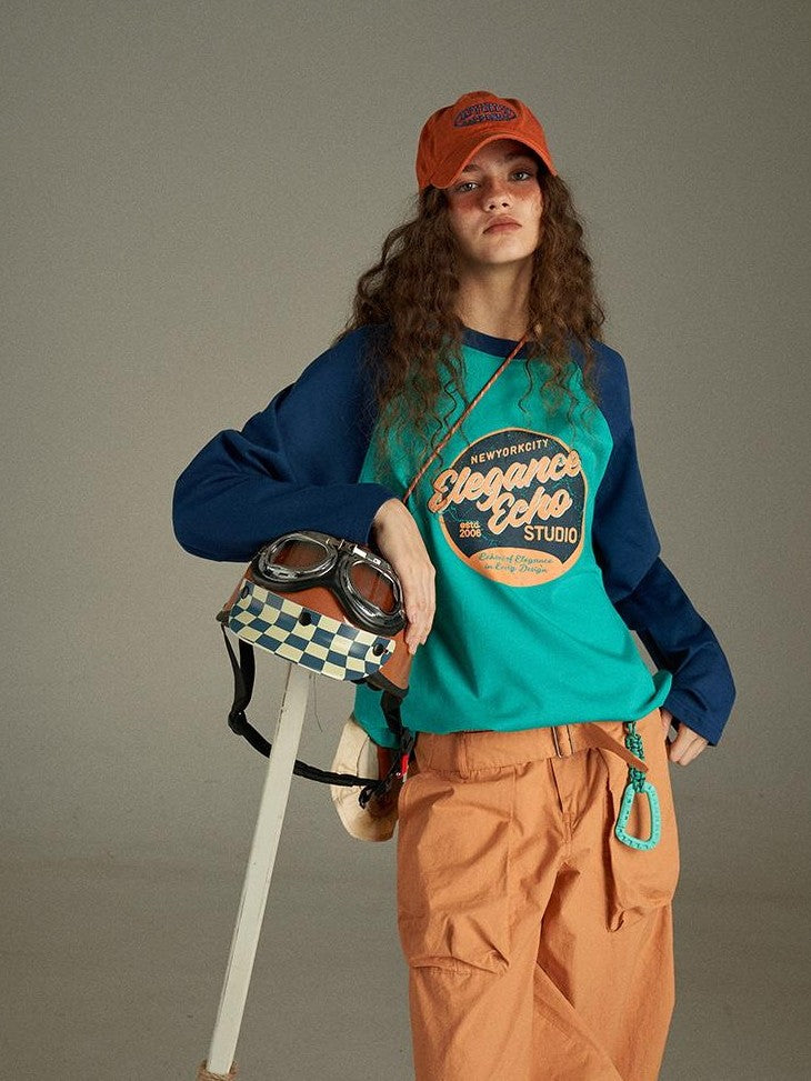 lulugray Retro Colorblock Letter Print Raglan Loose Women&