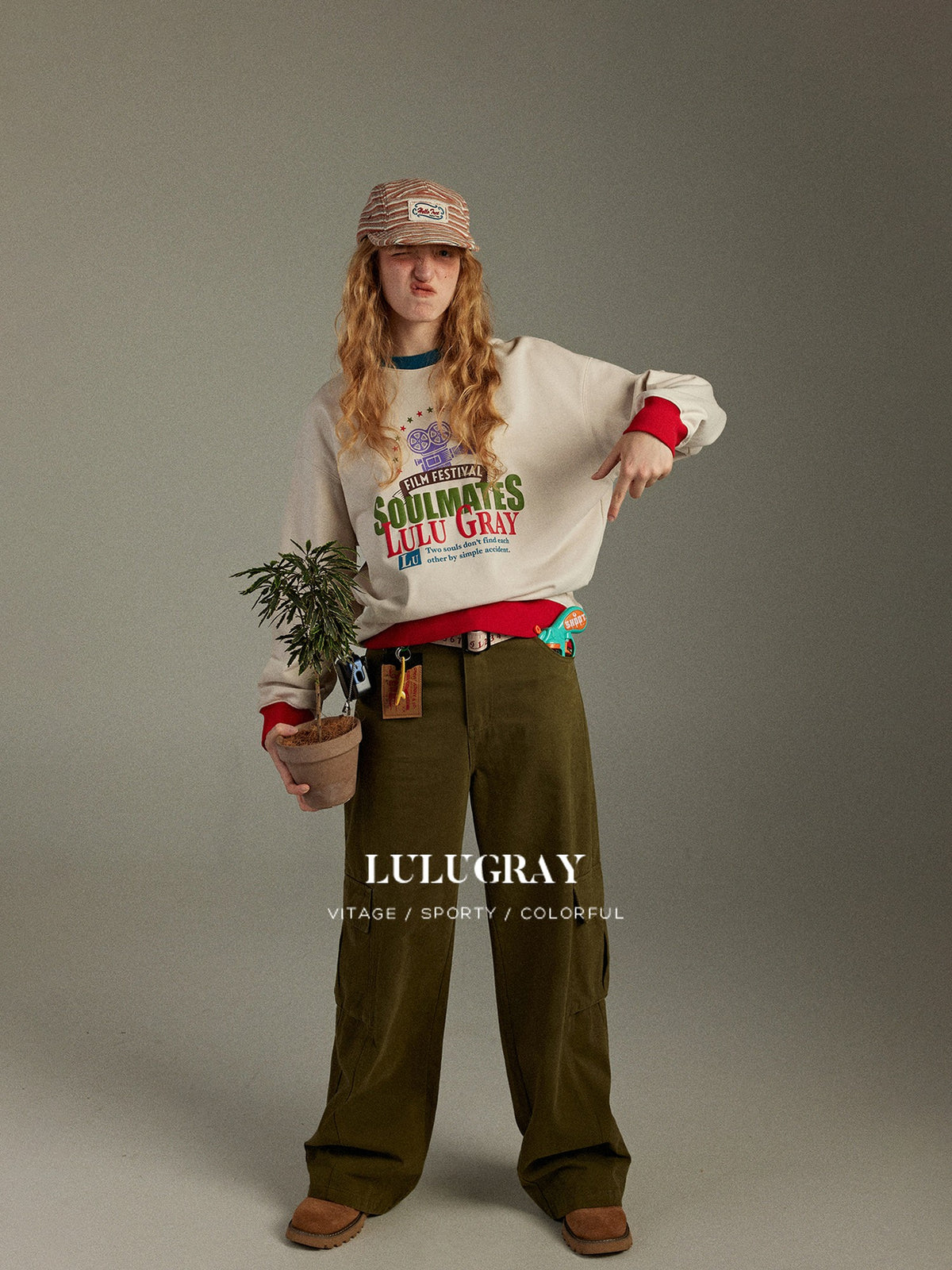 lulugray Retro Colorblock Print Ribbed Loose Fit Women&