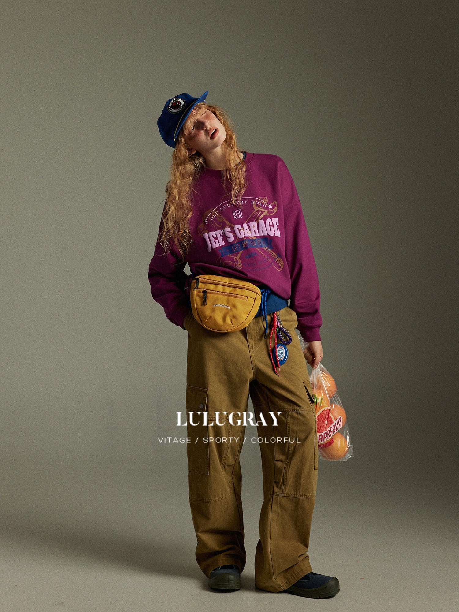 lulugray Retro Colorblock Printed Crewneck Loose Fit Long Sleeve Women&