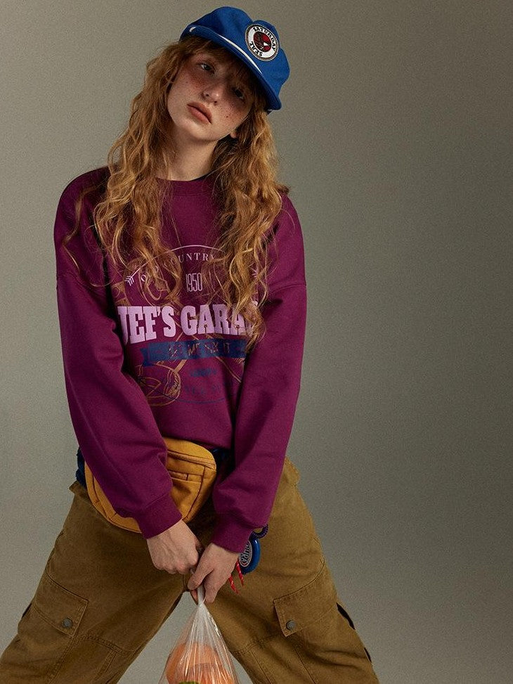 lulugray Retro Colorblock Printed Crewneck Loose Fit Long Sleeve Women&