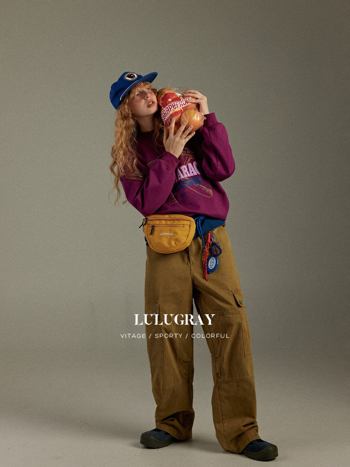 lulugray Retro Colorblock Printed Crewneck Loose Fit Long Sleeve Women&