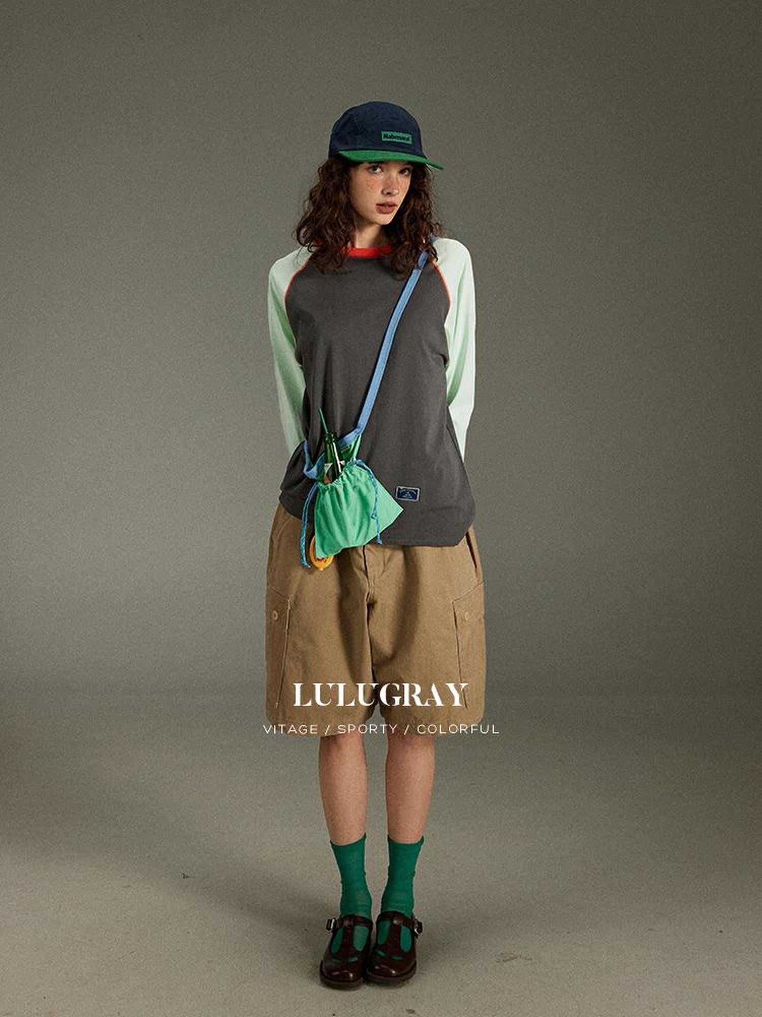 lulugray Retro Colorblock Raglan Printed Women&