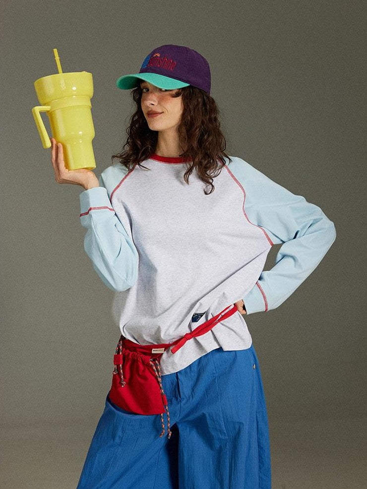 lulugray Retro Colorblock Raglan Printed Women&