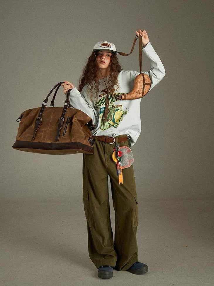 lulugray Retro Green Multi Pocket Cargo High Waist Women&