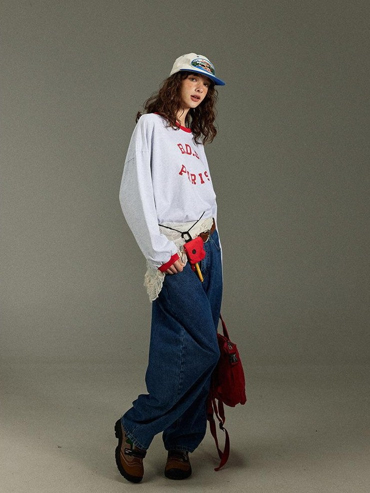 lulugray Retro Letter Print Loose Round Neck Women&