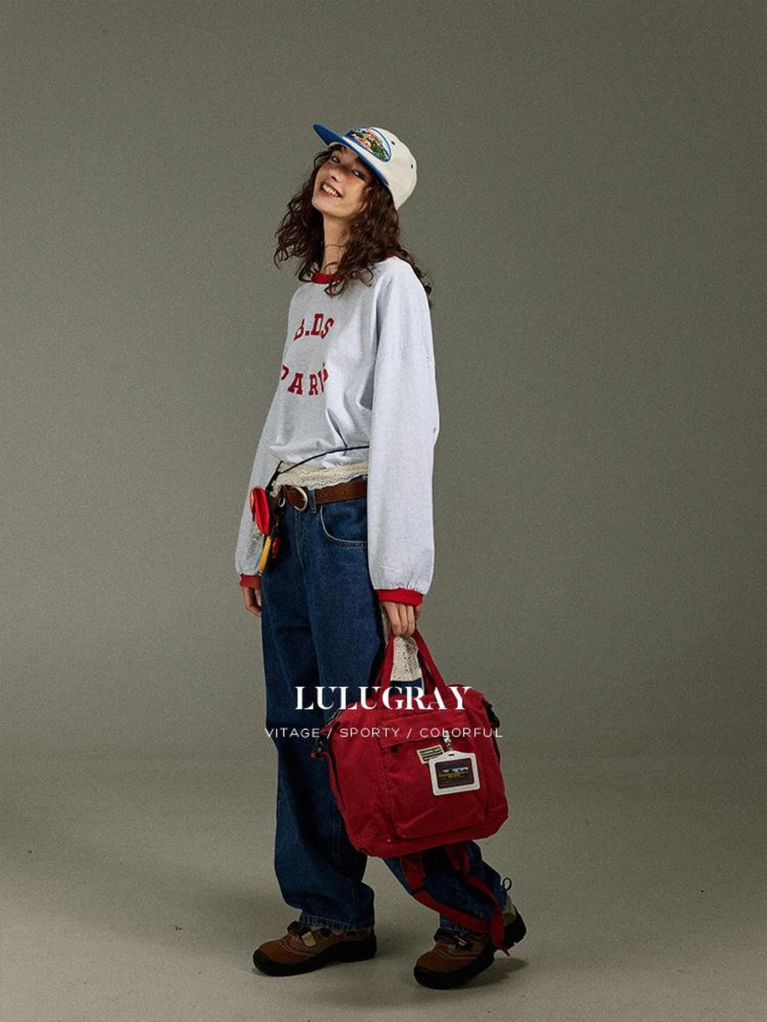 lulugray Retro Letter Print Loose Round Neck Women&