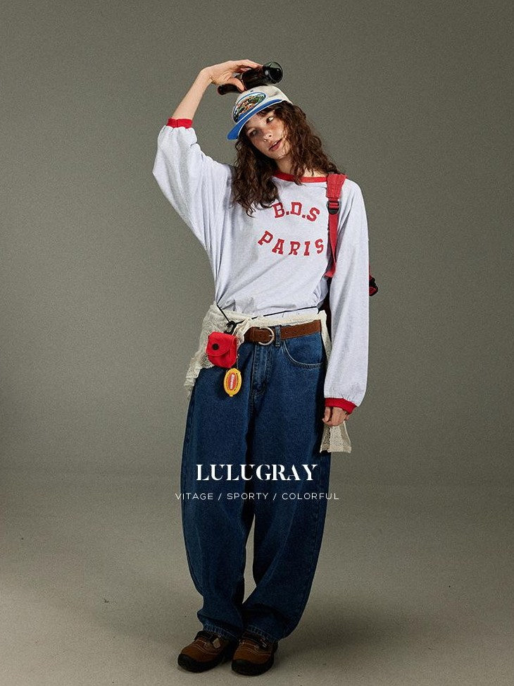 lulugray Retro Letter Print Loose Round Neck Women&