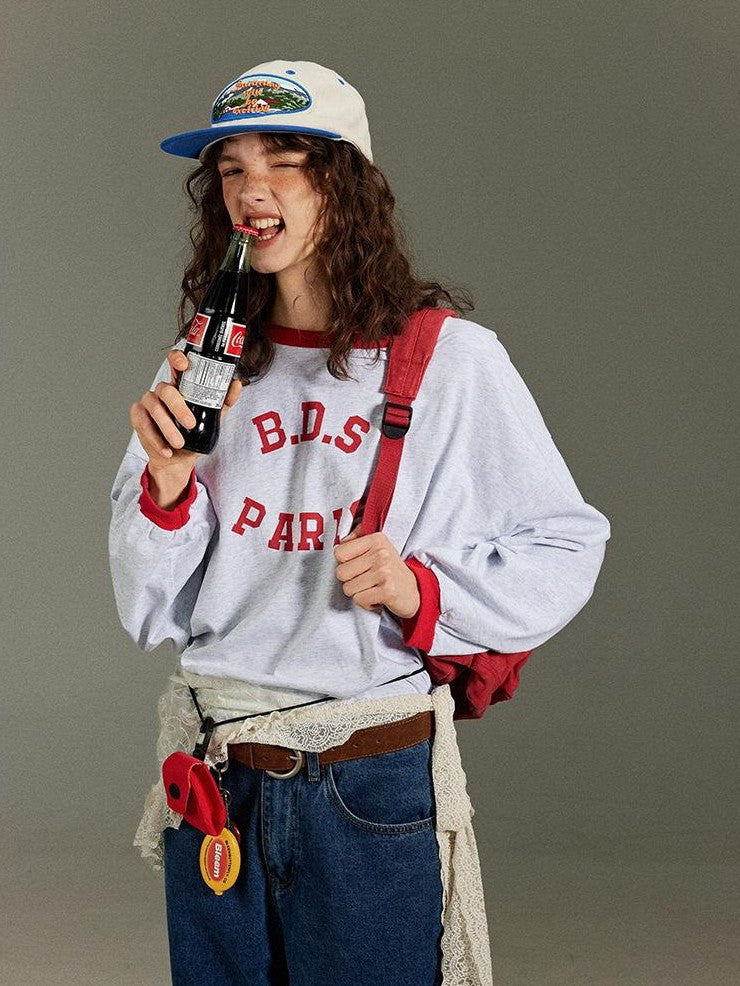 lulugray Retro Letter Print Loose Round Neck Women&