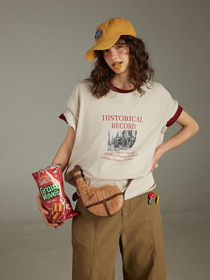 lulugray Retro Printed Graphic Crew Neck Loose Fit Women&