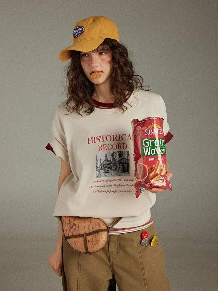 lulugray Retro Printed Graphic Crew Neck Loose Fit Women&