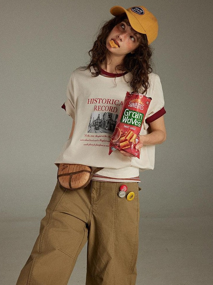 lulugray Retro Printed Graphic Crew Neck Loose Fit Women&