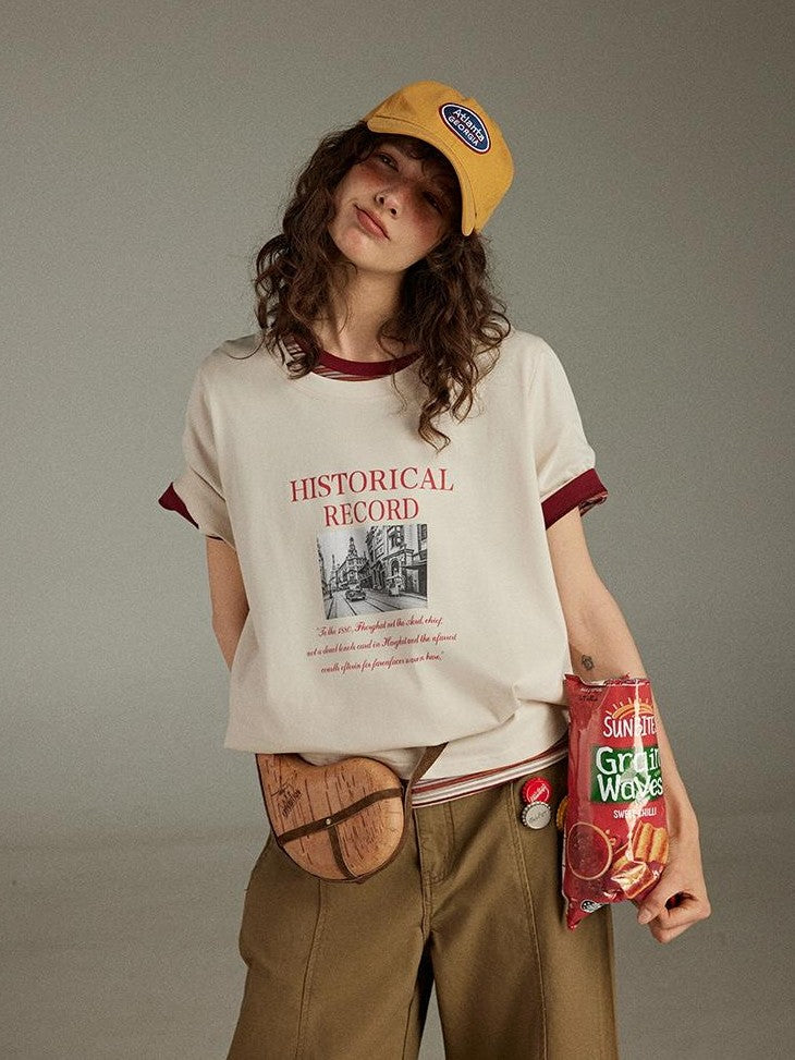 lulugray Retro Printed Graphic Crew Neck Loose Fit Women&