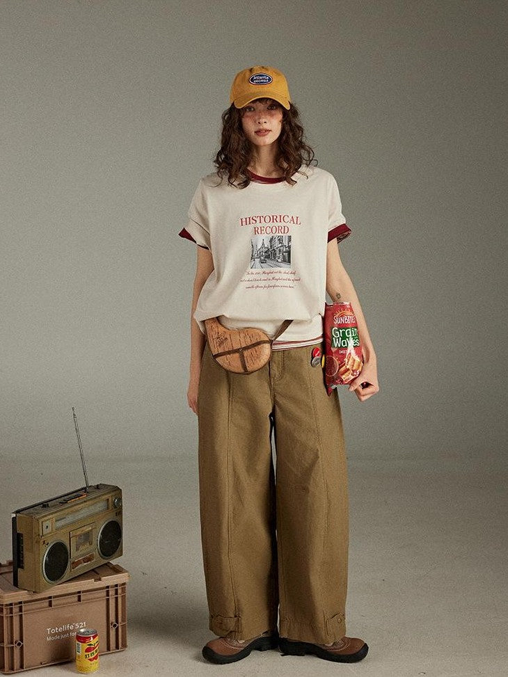 lulugray Retro Printed Graphic Crew Neck Loose Fit Women&