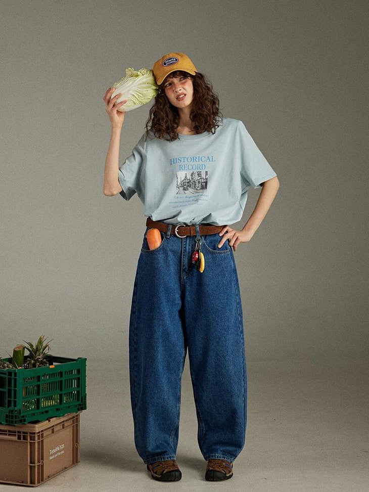 lulugray Retro Printed Graphic Crew Neck Loose Fit Women&
