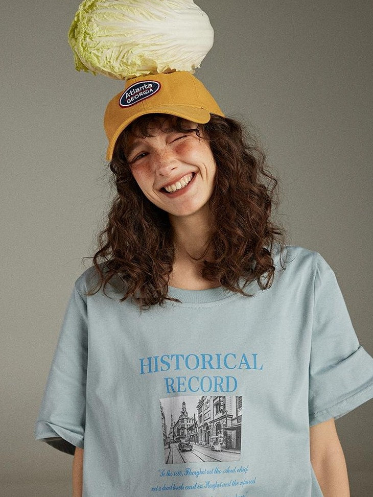 lulugray Retro Printed Graphic Crew Neck Loose Fit Women&