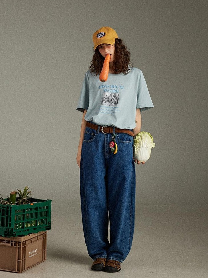 lulugray Retro Printed Graphic Crew Neck Loose Fit Women&