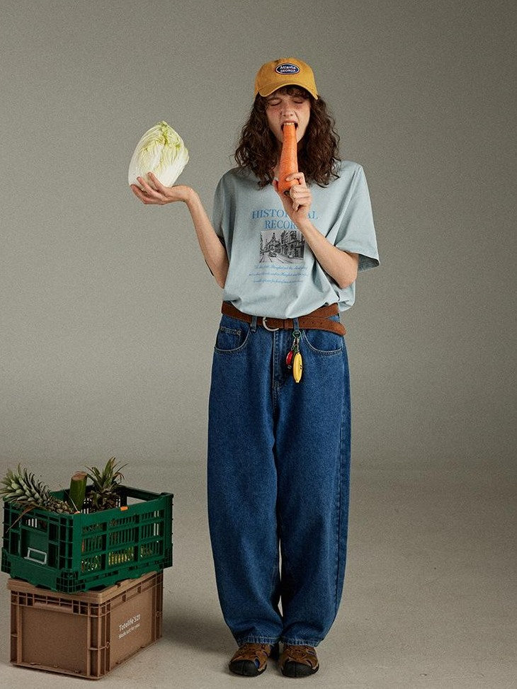 lulugray Retro Printed Graphic Crew Neck Loose Fit Women&
