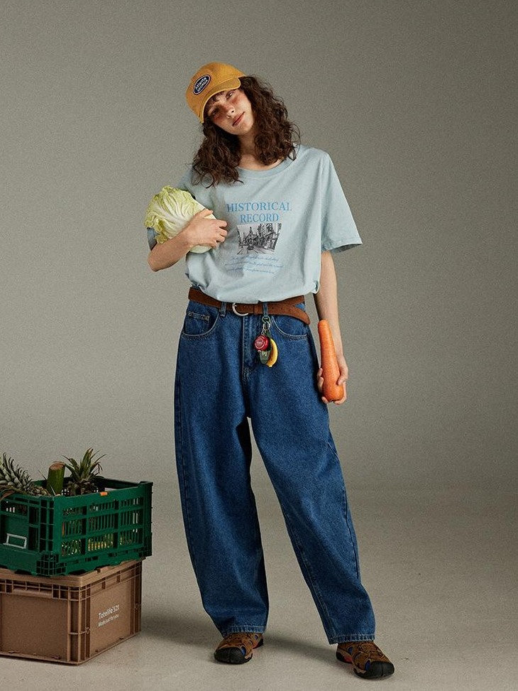 lulugray Retro Printed Graphic Crew Neck Loose Fit Women&