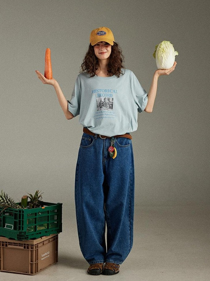 lulugray Retro Printed Graphic Crew Neck Loose Fit Women&
