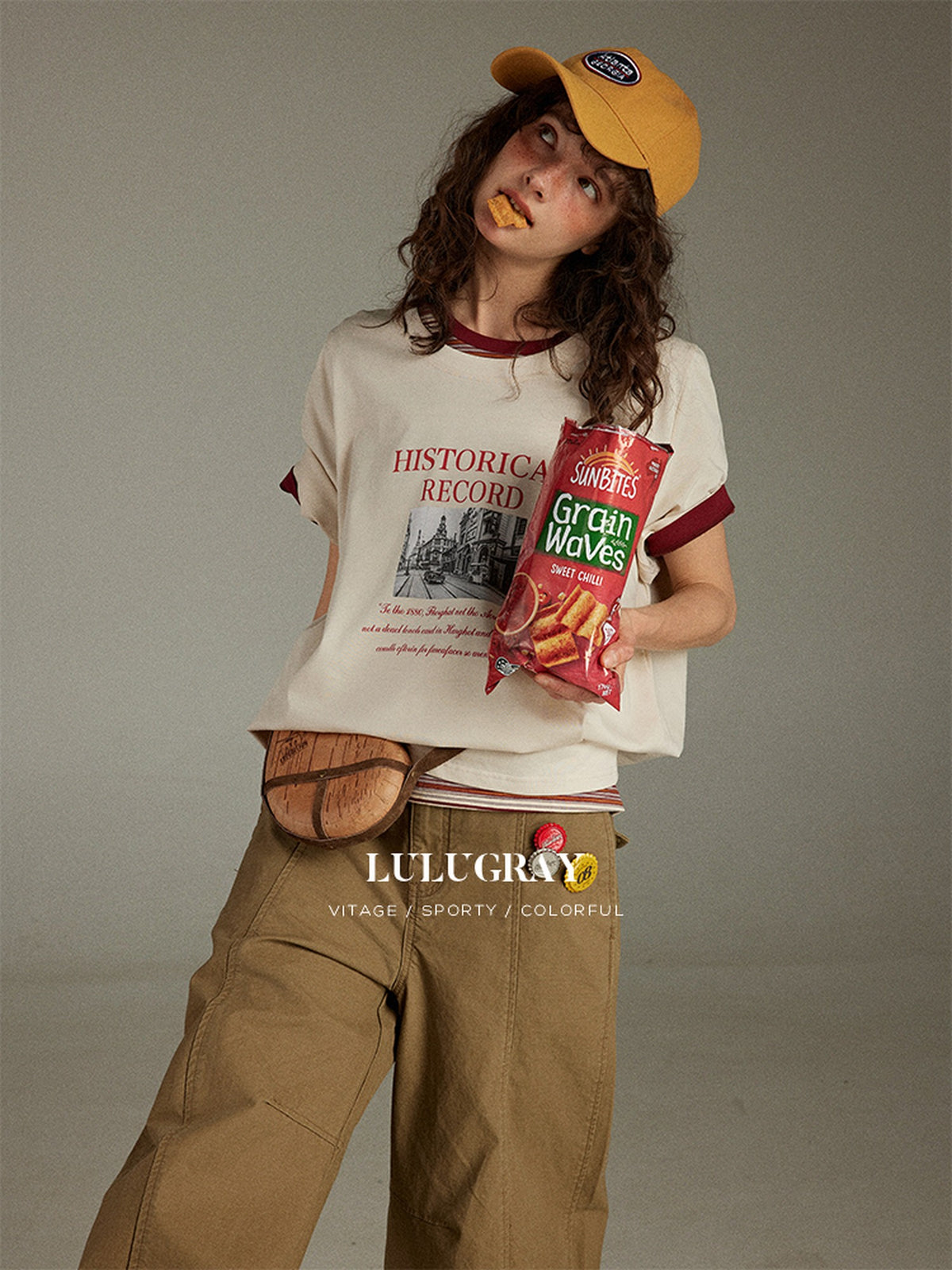lulugray Retro Printed Graphic Crew Neck Loose Fit Women&