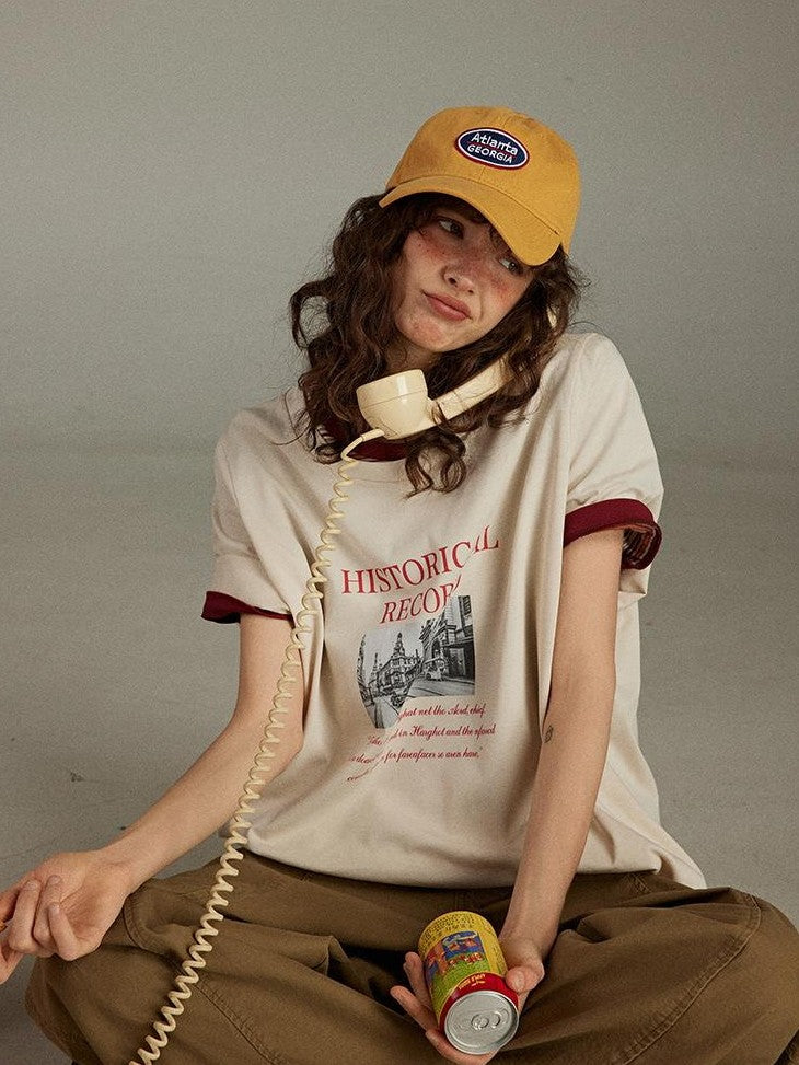 lulugray Retro Printed Graphic Crew Neck Loose Fit Women&