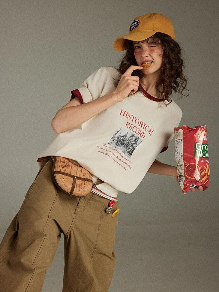 lulugray Retro Printed Graphic Crew Neck Loose Fit Women&