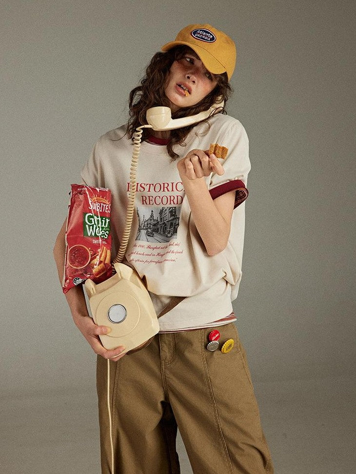 lulugray Retro Printed Graphic Crew Neck Loose Fit Women&