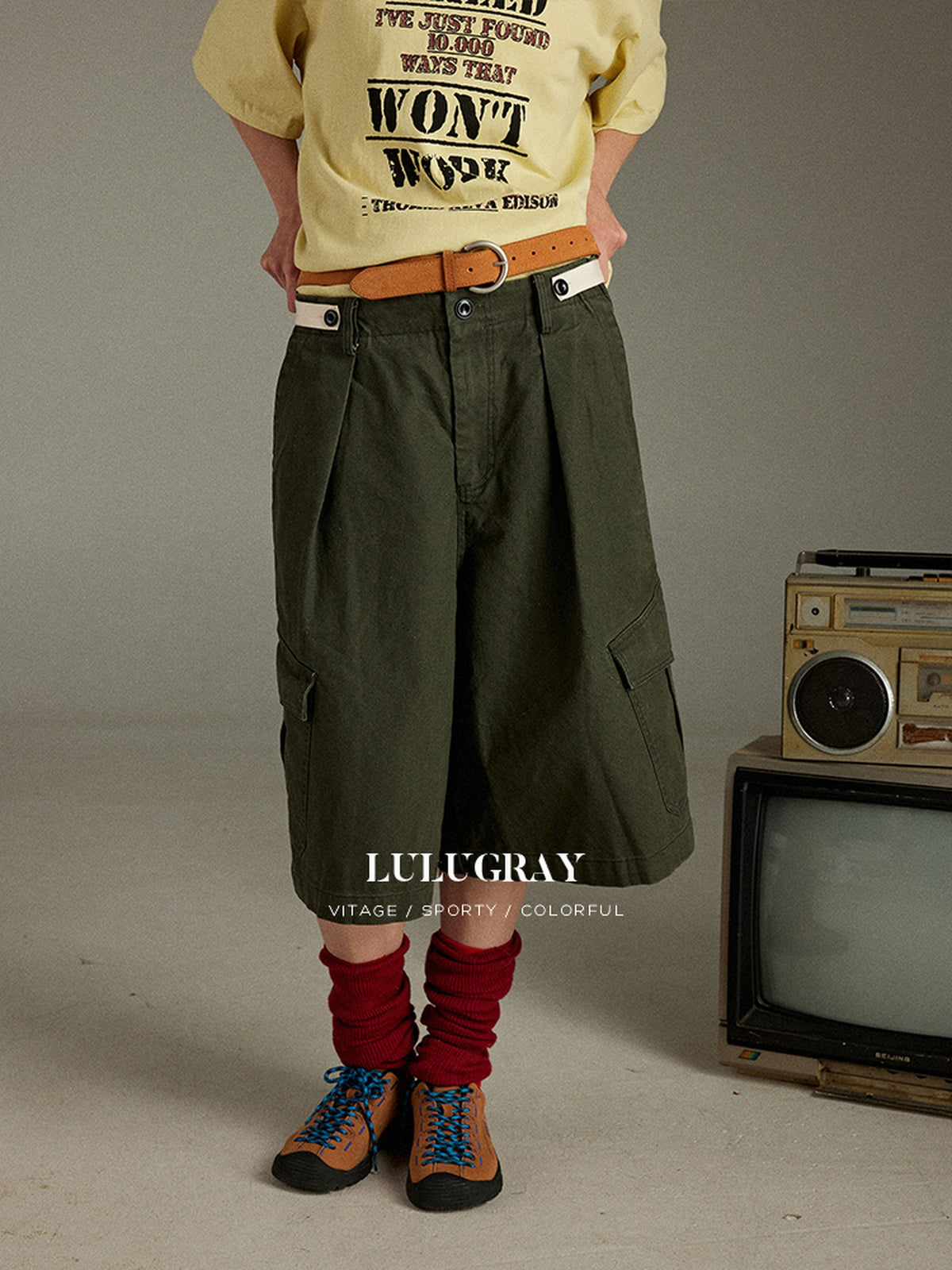lulugray Retro Sport Large Pocket Cargo Print High Waisted Loose Women&