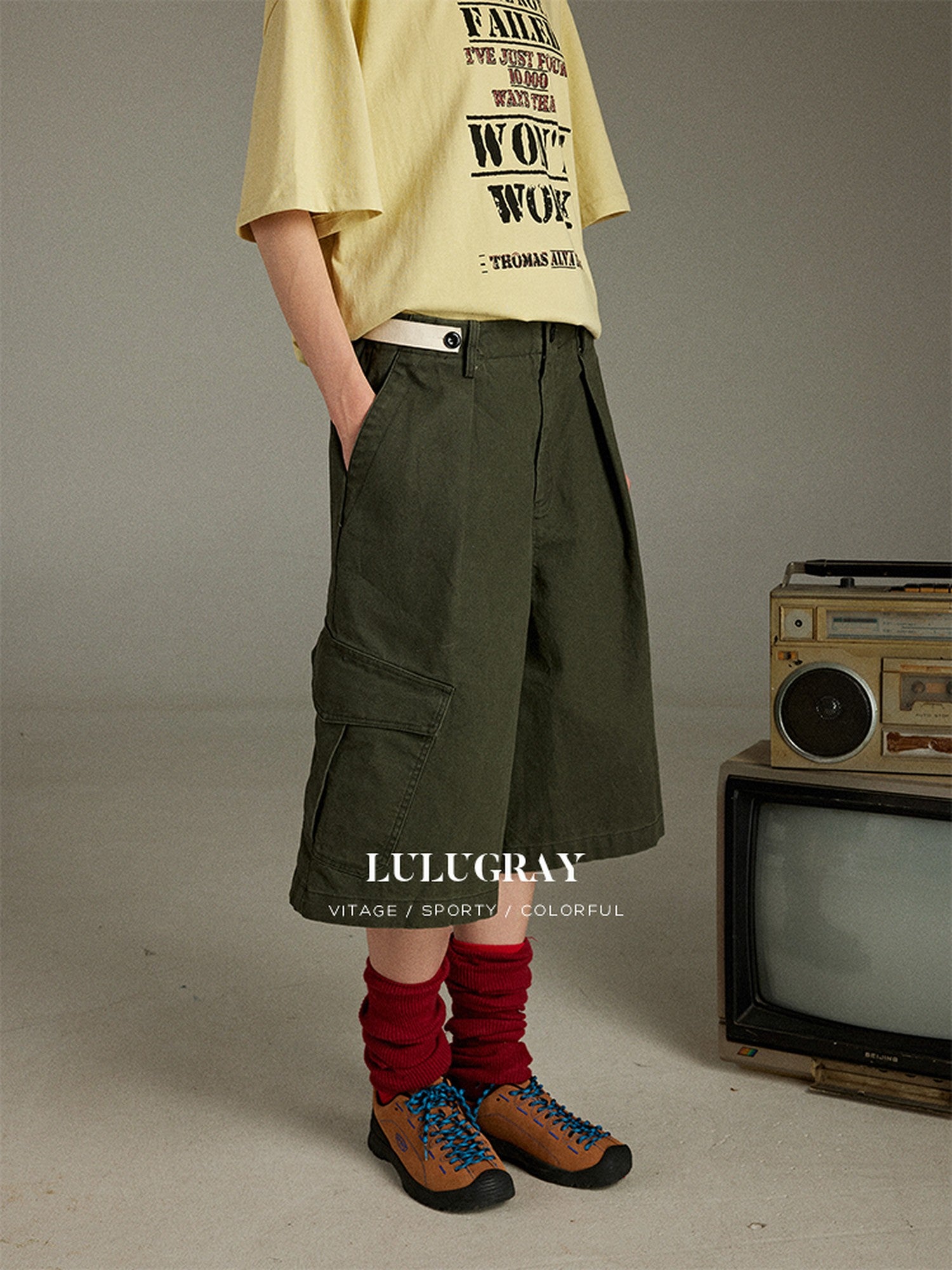 lulugray Retro Sport Large Pocket Cargo Print High Waisted Loose Women&