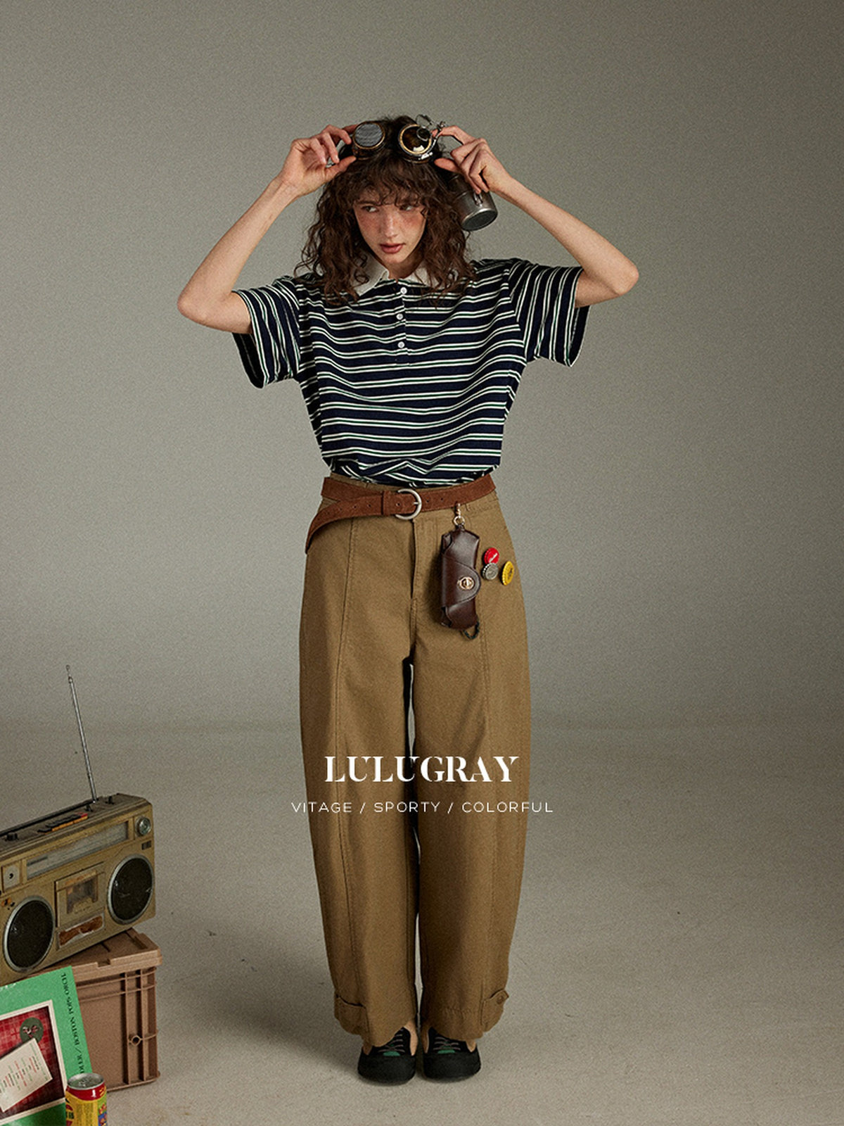 lulugray Striped Buttoned Polo Collar Loose Women&