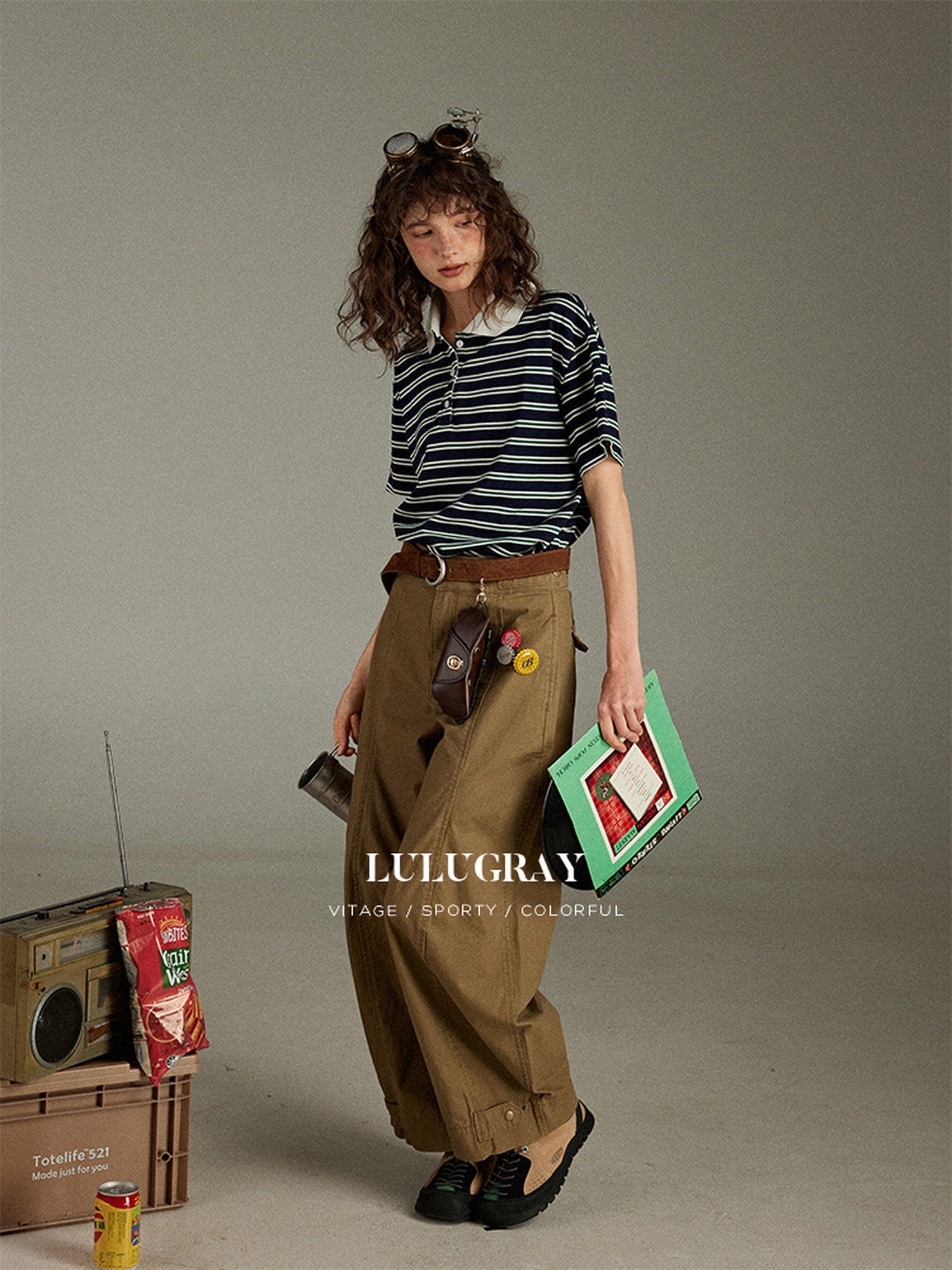 lulugray Striped Buttoned Polo Collar Loose Women&
