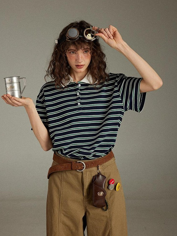 lulugray Striped Buttoned Polo Collar Loose Women&