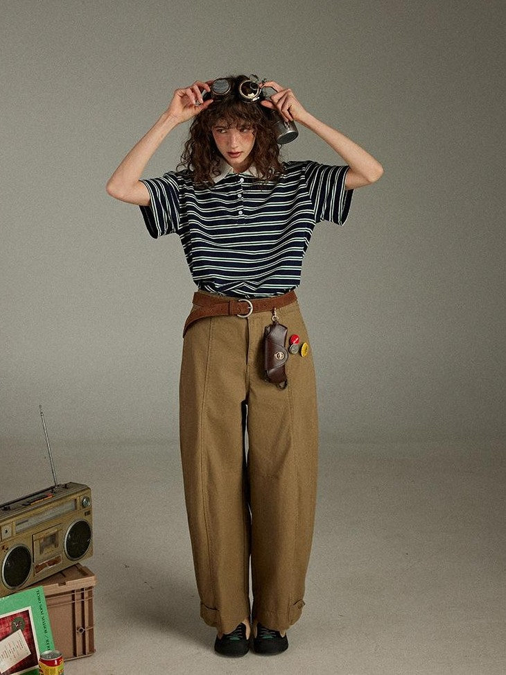 lulugray Striped Buttoned Polo Collar Loose Women&