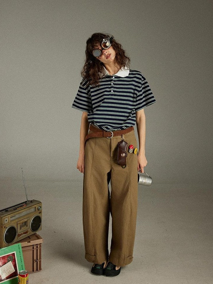 lulugray Striped Buttoned Polo Collar Loose Women&