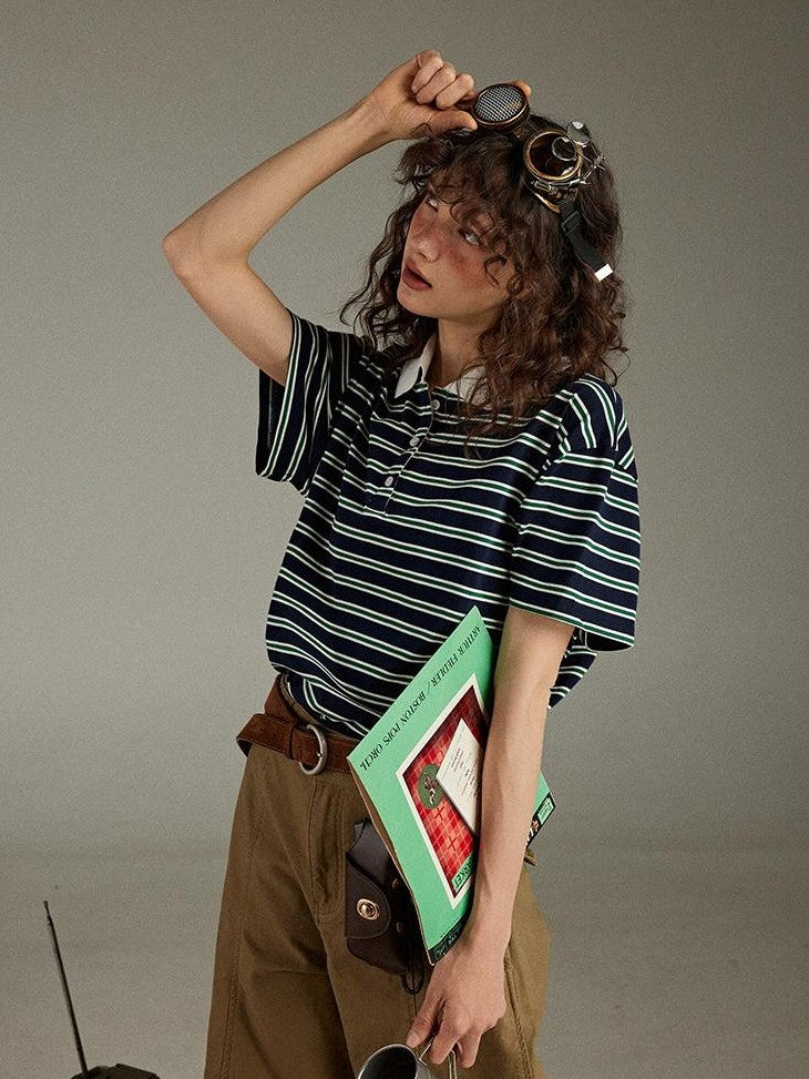 lulugray Striped Buttoned Polo Collar Loose Women&