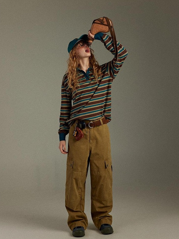 lulugray Striped Colorblock Patchwork Polo Collar Women&