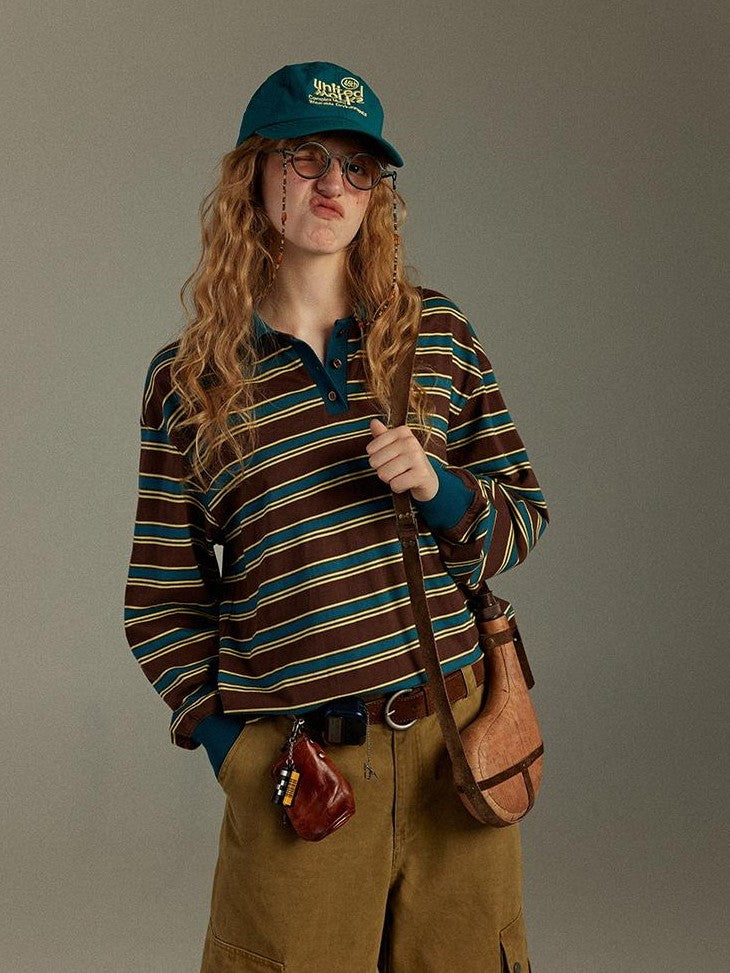 lulugray Striped Colorblock Patchwork Polo Collar Women&