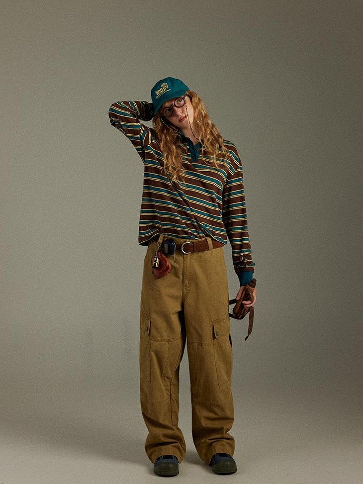 lulugray Striped Colorblock Patchwork Polo Collar Women&