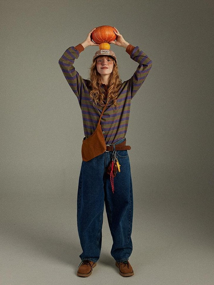 lulugray Striped Colorblock Patchwork Polo Collar Women&