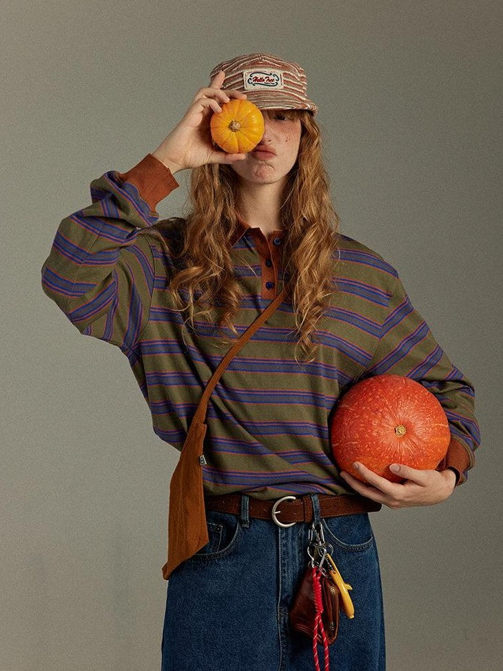 lulugray Striped Colorblock Patchwork Polo Collar Women&