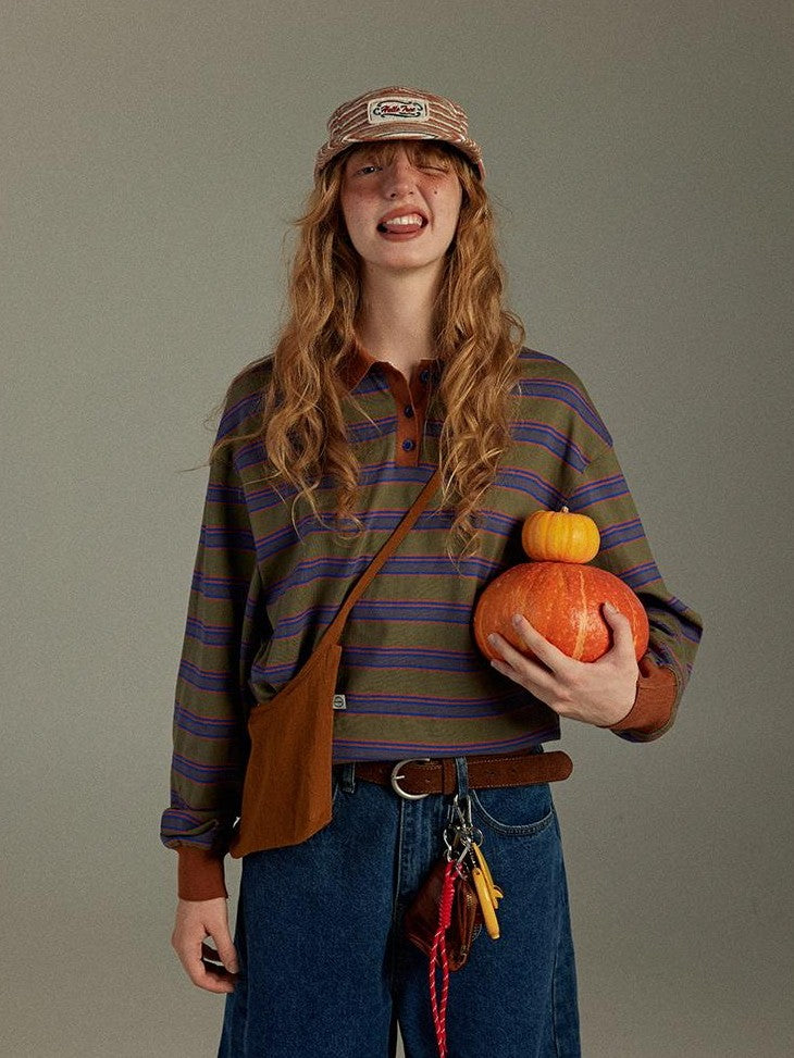 lulugray Striped Colorblock Patchwork Polo Collar Women&