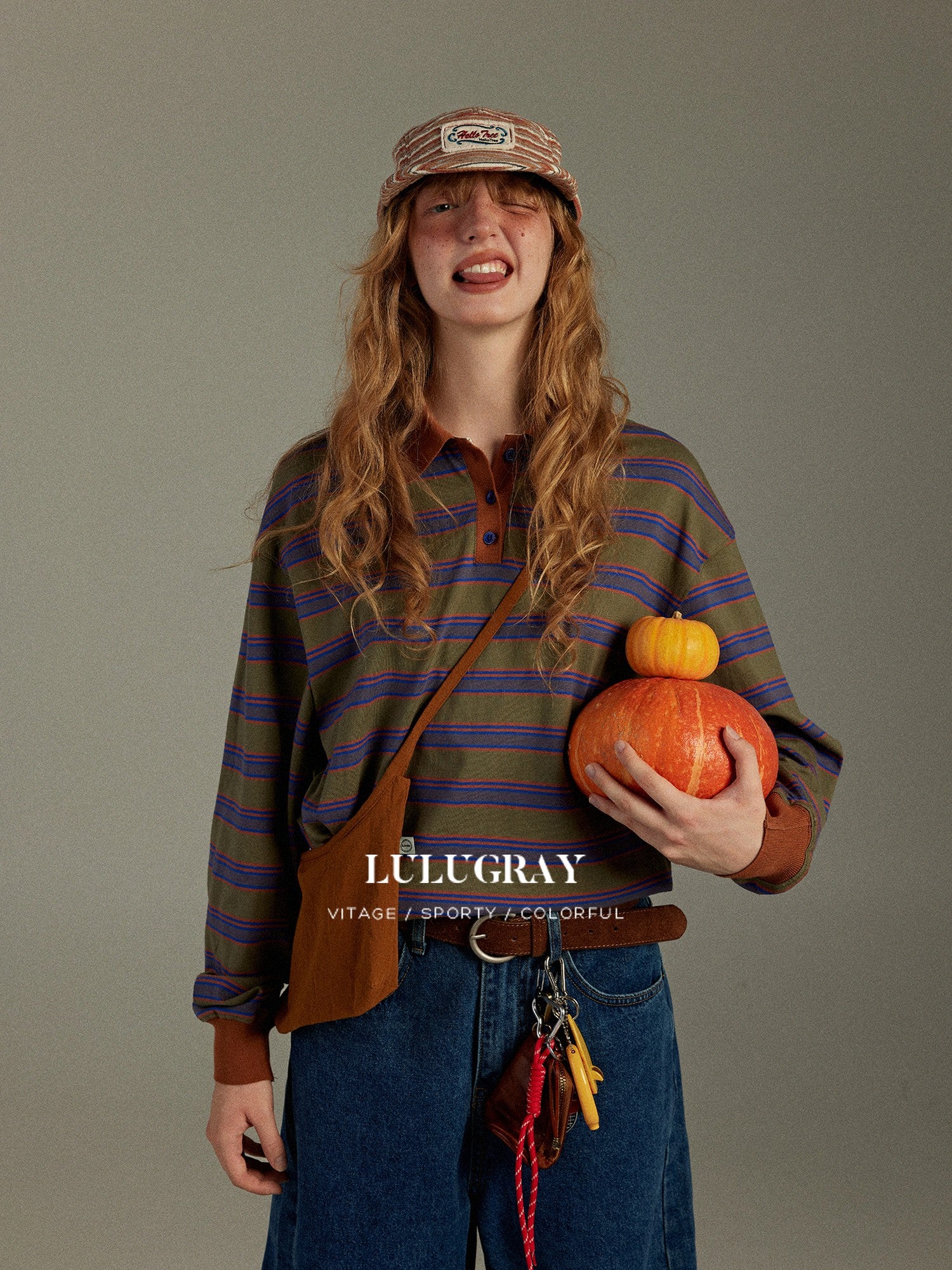 lulugray Striped Colorblock Patchwork Polo Collar Women&